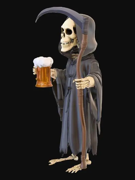 3D model for Create a full-body stylized skeleton Grim Reaper character in a Pixar-like aesthetic. The character should have a slightly oversized skull with expressive eye sockets and a mischievous grin. It wears a flowing, exaggerated hooded robe with deep folds and a floppy hood. In its right hand, it holds a large frothy beer mug with bubbly foam spilling over the rim. In its left hand, it grips a curved scythe with a clean silhouette and slightly bent wooden handle. The pose should be balanced and sculptable, with visible skeletal feet beneath the robe. No background or text — just the character, ready for 3D modeling