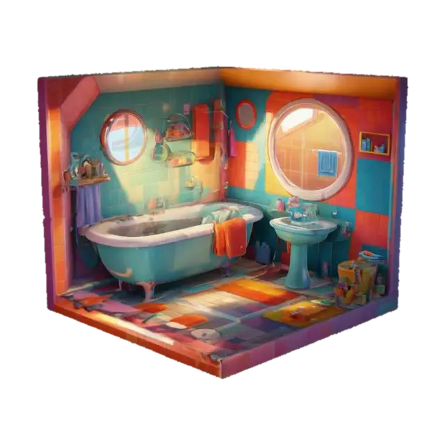 colorful, cartoon-style isometric bathroom, Pixar style. The room features a cozy… - Animated 3D model, AI generated