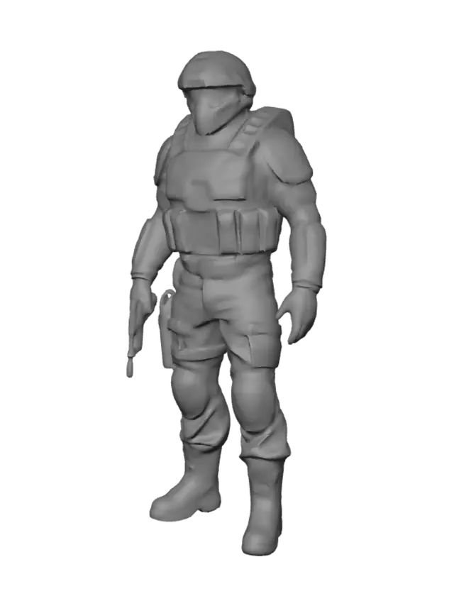 3D model for generate a soldier in heavy military armor, complete set, standing in A pose, military helmet, military chest armor, military trousers, sleeves, gloves, boots, they must be combined so that every part of the body is covered in armor, fallout and Stalker style, PSX style, angular and simple as in PSX, high quality.