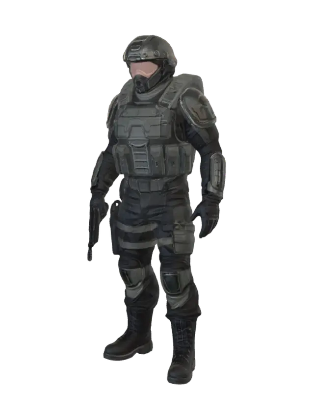 3D model for generate a soldier in heavy military armor, complete set, standing in A pose, military helmet, military chest armor, military trousers, sleeves, gloves, boots, they must be combined so that every part of the body is covered in armor, fallout and Stalker style, PSX style, angular and simple as in PSX, high quality.