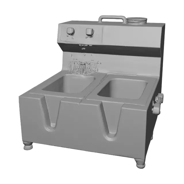 3D model for 一台双槽商用立式电炸锅，放在不锈钢台面上。主体为深灰色金属外壳，正面有一个带把手的控制面板，上面有两个红色的旋钮和两个绿色的指示灯。顶部有两个长方形凹槽（V形油槽），内部为深褐色（模拟老油），槽口边缘有不锈钢挡油板。炸锅背面有一根黑色的排烟管弯头。整体造型方正硬朗，工业设备风格，低多边形。