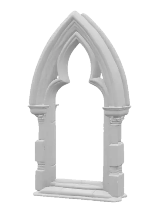 3D model for A highly detailed gothic arched window frame, meticulously crafted from cool, solid stone. Each individual stone block comprising the frame is sharply distinct and richly detailed, contributing to its intricate structure. The area where the window pane would typically be is entirely empty, leaving a bare opening. Ornate gothic architectural details, such as delicate tracery and pointed elements, are carved into the stone with exceptional precision, giving the entire frame a rough yet refined texture.