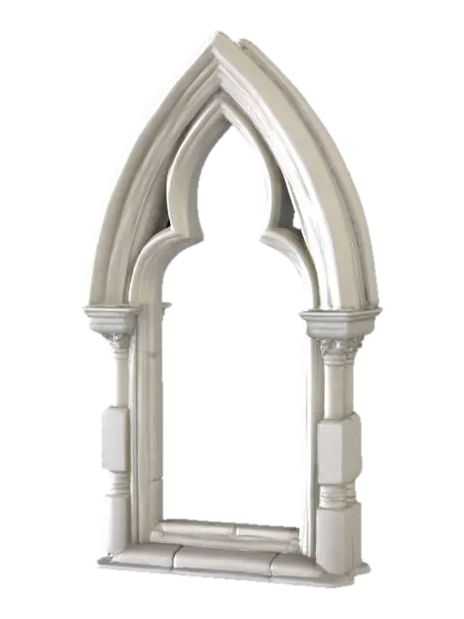3D model for A highly detailed gothic arched window frame, meticulously crafted from cool, solid stone. Each individual stone block comprising the frame is sharply distinct and richly detailed, contributing to its intricate structure. The area where the window pane would typically be is entirely empty, leaving a bare opening. Ornate gothic architectural details, such as delicate tracery and pointed elements, are carved into the stone with exceptional precision, giving the entire frame a rough yet refined texture.