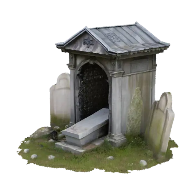 a small gothic mausoleum with a metal roof and wrought iron doors. inside the… - Tomb 3D model, vytvořený pomocí AI