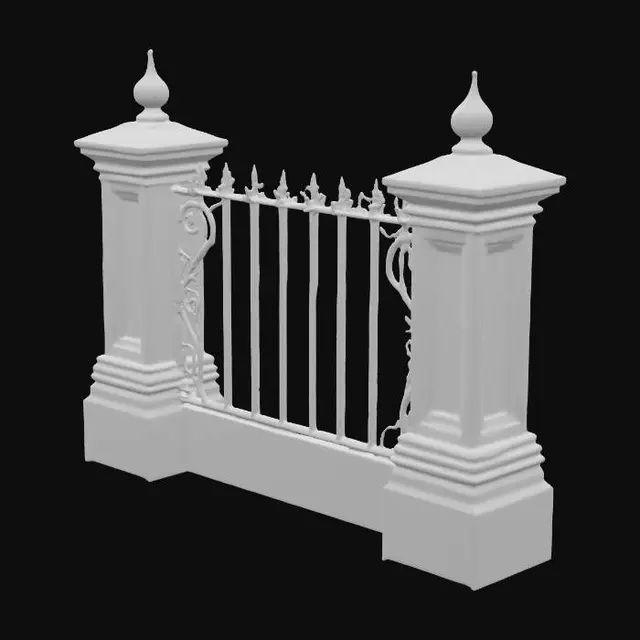3D model for A formidable wrought iron fence features long, rectangular iron pickets, each topped with a sharply pointed finial. The dark, cool pickets, with a slightly rough metallic texture, are spaced equally between sturdy, square stone posts. These posts, crafted from solid, unyielding grey stone, firmly anchor the fence. Along the ground, a smaller, continuous stone portion acts as a base, into which all the pickets are securely built, providing a strong and durable foundation for the entire structure.