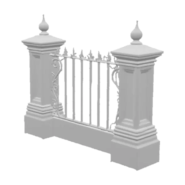 3D model for A formidable wrought iron fence features long, rectangular iron pickets, each topped with a sharply pointed finial. The dark, cool pickets, with a slightly rough metallic texture, are spaced equally between sturdy, square stone posts. These posts, crafted from solid, unyielding grey stone, firmly anchor the fence. Along the ground, a smaller, continuous stone portion acts as a base, into which all the pickets are securely built, providing a strong and durable foundation for the entire structure.