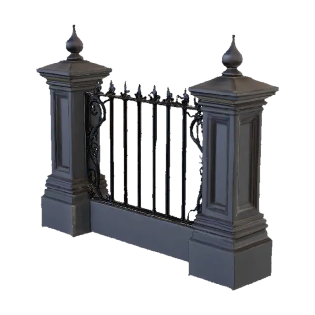 3D model for A formidable wrought iron fence features long, rectangular iron pickets, each topped with a sharply pointed finial. The dark, cool pickets, with a slightly rough metallic texture, are spaced equally between sturdy, square stone posts. These posts, crafted from solid, unyielding grey stone, firmly anchor the fence. Along the ground, a smaller, continuous stone portion acts as a base, into which all the pickets are securely built, providing a strong and durable foundation for the entire structure.