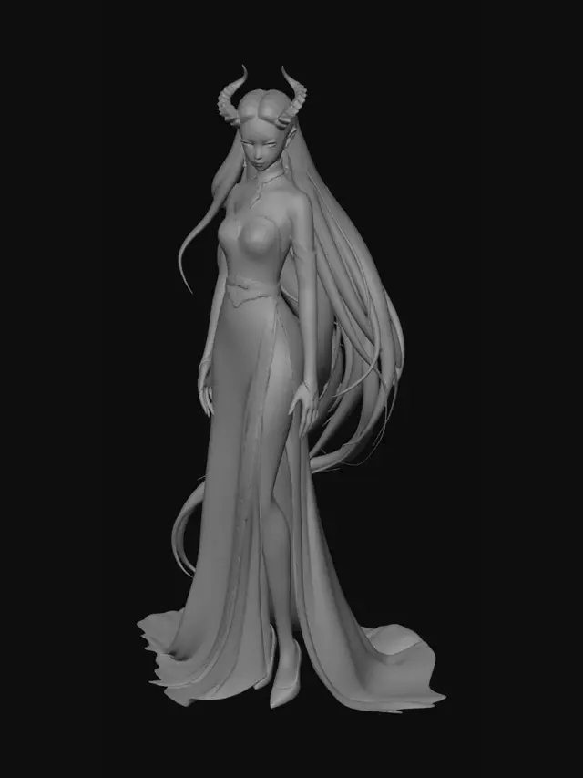 3D model for 纯正东方绝美骨相，面容无瑕、皮肤冷白皮通透细腻，自带混沌仙气魔韵。
眼眸狭长透亮，瞳孔像碎钻星辰熠熠生辉，清冷又深情，可凌厉霸绝、可温柔妩媚。
眉眼自带天生上位者威压，却搭配柔和流畅的少女脸型，又贵又纯、又飒又媚。

【发型体态】

纯黑鸦羽长发，发丝柔顺浓密，如墨瀑垂落肩头，发质细腻有光泽。
身形挺拔如松、线条匀称优雅，身姿舒展高贵，既有魔君的傲然气场，又有千金的端庄体态。

1. 着裙装：软萌可爱、纯欲清甜
偏爱各式精致小裙子，少女感拉满，乖巧灵动，甜美治愈，让人完全看不出是统御万魔的魔君。

2. 着常服：温柔妩媚、顶级贵气
豪门财阀大小姐气质，优雅妖娆、成熟温柔，一举一动皆是顶级名流气场，魅力极致。

3. 本源气场：霸气凛然、至高无上
洪荒古魔君底蕴，自带生人勿近的至尊威压，杀伐内敛、城府深沉，坐拥魔界无上权柄，古老且强大。
整体身形比例标准优越，四肢舒展修长，骨架匀称纤细，不羸弱也不粗壮，完美融合神魔的力量底蕴与女性柔美。

手臂：双臂线条流畅顺滑，肩线利落优美，上臂紧致匀称，小臂纤细修长，肌肤质感细腻。手肘弧度柔和自然，手腕纤细精巧，骨节小巧不突兀，抬手垂落间姿态优雅，既有上位者的从容气度，又有少女的灵动。

手部：十指纤长秀美，指甲圆润整洁，指尖纤细，手掌小巧精致，掌型优美。抬手时动作轻盈，握拳或舒展间，隐约流露魔君与生俱来的力量感，反差感十足。

腿部：双腿笔直修长，从胯部到脚踝线条顺滑流畅，大腿匀称饱满、线条柔和，小腿纤细紧致，比例协调。站姿挺拔如松，双腿并拢或自然分立都端庄大气，行走时步态轻盈优雅，裙摆摇曳时更添灵动。

足部&脚踝：脚踝纤细玲珑，骨骼线条精致，双脚小巧秀气。搭配裙装时尽显娇俏，着正装时步履沉稳，兼顾柔美与气场。