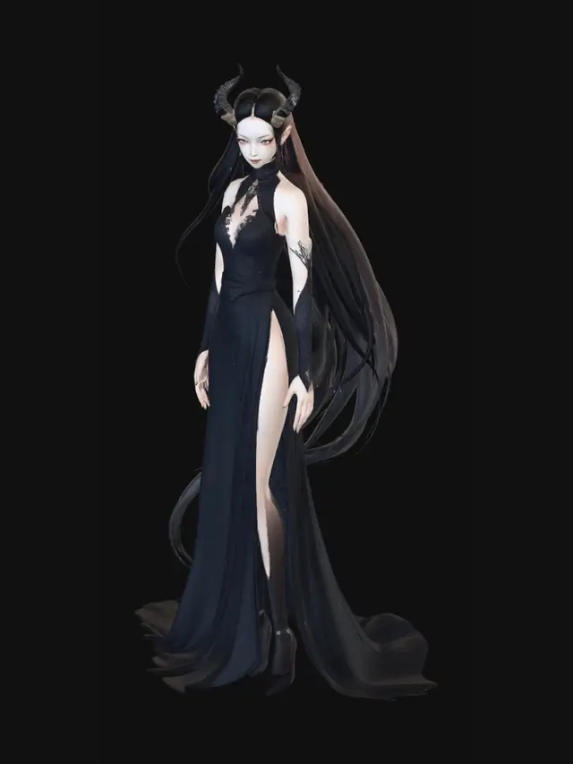 3D model for 纯正东方绝美骨相，面容无瑕、皮肤冷白皮通透细腻，自带混沌仙气魔韵。
眼眸狭长透亮，瞳孔像碎钻星辰熠熠生辉，清冷又深情，可凌厉霸绝、可温柔妩媚。
眉眼自带天生上位者威压，却搭配柔和流畅的少女脸型，又贵又纯、又飒又媚。

【发型体态】

纯黑鸦羽长发，发丝柔顺浓密，如墨瀑垂落肩头，发质细腻有光泽。
身形挺拔如松、线条匀称优雅，身姿舒展高贵，既有魔君的傲然气场，又有千金的端庄体态。

1. 着裙装：软萌可爱、纯欲清甜
偏爱各式精致小裙子，少女感拉满，乖巧灵动，甜美治愈，让人完全看不出是统御万魔的魔君。

2. 着常服：温柔妩媚、顶级贵气
豪门财阀大小姐气质，优雅妖娆、成熟温柔，一举一动皆是顶级名流气场，魅力极致。

3. 本源气场：霸气凛然、至高无上
洪荒古魔君底蕴，自带生人勿近的至尊威压，杀伐内敛、城府深沉，坐拥魔界无上权柄，古老且强大。
整体身形比例标准优越，四肢舒展修长，骨架匀称纤细，不羸弱也不粗壮，完美融合神魔的力量底蕴与女性柔美。

手臂：双臂线条流畅顺滑，肩线利落优美，上臂紧致匀称，小臂纤细修长，肌肤质感细腻。手肘弧度柔和自然，手腕纤细精巧，骨节小巧不突兀，抬手垂落间姿态优雅，既有上位者的从容气度，又有少女的灵动。

手部：十指纤长秀美，指甲圆润整洁，指尖纤细，手掌小巧精致，掌型优美。抬手时动作轻盈，握拳或舒展间，隐约流露魔君与生俱来的力量感，反差感十足。

腿部：双腿笔直修长，从胯部到脚踝线条顺滑流畅，大腿匀称饱满、线条柔和，小腿纤细紧致，比例协调。站姿挺拔如松，双腿并拢或自然分立都端庄大气，行走时步态轻盈优雅，裙摆摇曳时更添灵动。

足部&脚踝：脚踝纤细玲珑，骨骼线条精致，双脚小巧秀气。搭配裙装时尽显娇俏，着正装时步履沉稳，兼顾柔美与气场。
