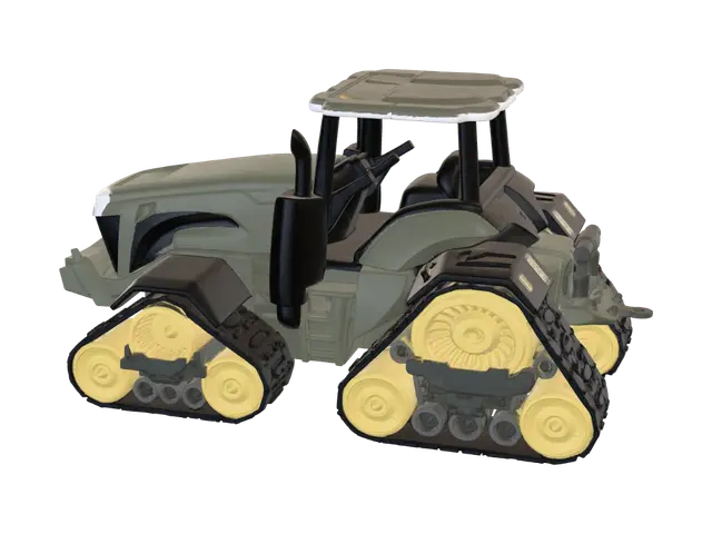 Olive-green toy bulldozer on tracks 3D model, vytvořený pomocí AI