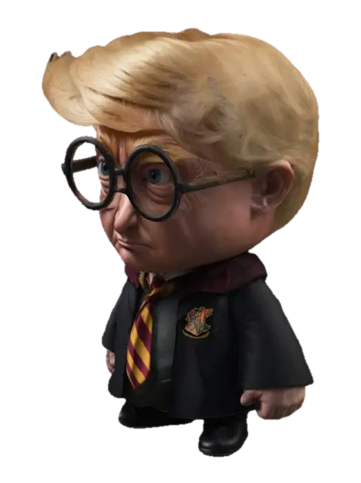 Create a half-Donald Trump, half-Harry Potter hybrid 3D model, vytvořený pomocí AI