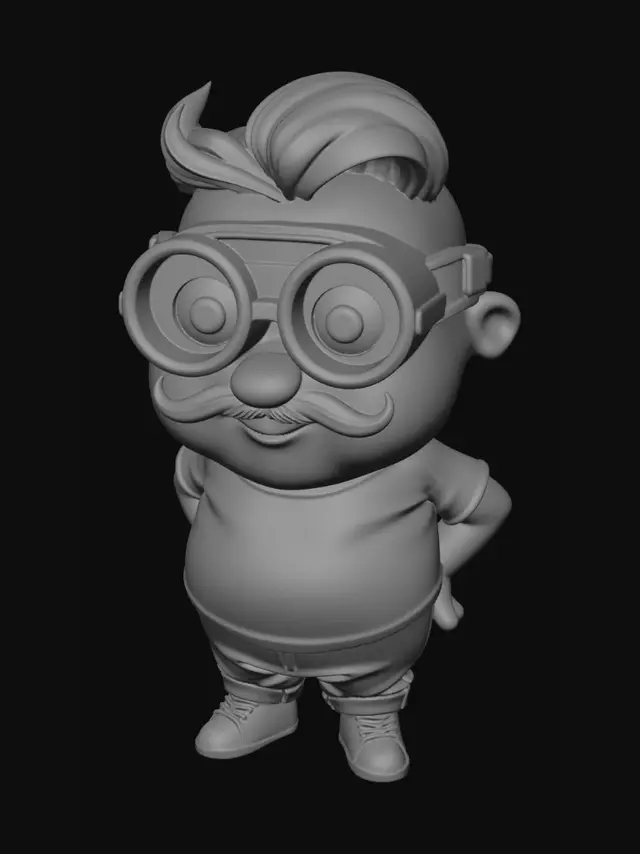 3D model for A stylized, cute 3D cartoon character with a chubby capsule body shape, wider at the bottom. It has two large, expressive round eyes with thick metallic goggles. The character has a stylish, thick mustache under its nose and a friendly smile. On top of its head, it has a cool, modern hairstyle (like a small pompadour or messy spiky hair). It is wearing a simple t-shirt and a classic denim blue jeans pants (no overalls, no straps). Clean 3D animation topology, smooth grey clay render, Pixar style.