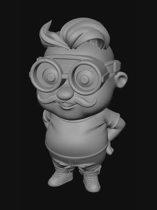 3D model for A stylized, cute 3D cartoon character with a chubby capsule body shape, wider at the bottom. It has two large, expressive round eyes with thick metallic goggles. The character has a stylish, thick mustache under its nose and a friendly smile. On top of its head, it has a cool, modern hairstyle (like a small pompadour or messy spiky hair). It is wearing a simple t-shirt and a classic denim blue jeans pants (no overalls, no straps). Clean 3D animation topology, smooth grey clay render, Pixar style.