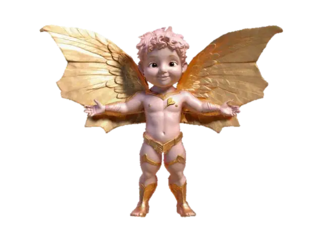 Create a 3D model of Eros (Cupid) holding a golden love arrow, hesitating before… 3D model, vytvořený pomocí AI