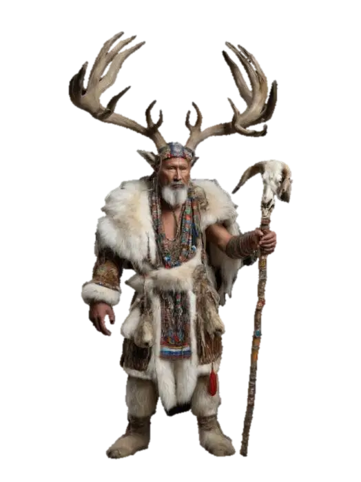 Guślarz, an ancient shaman dressed in ritual fur robes decorated with beads and… - Wise 3D model, vytvořený pomocí AI
