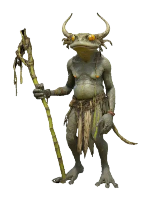 A highly detailed 3D humanoid toad shaman with warty, rune-carved skin shimmering in… 3D model, vytvořený pomocí AI