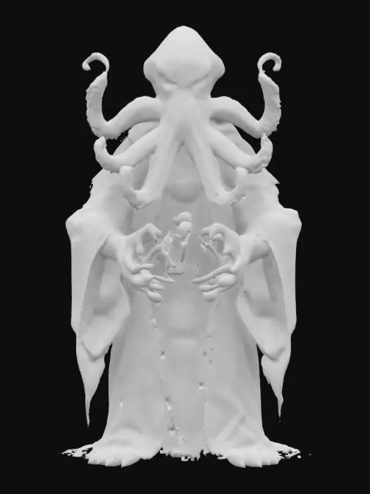 3D model for A menacing, eldritch sorcerer with an octopus-like head, glowing sinister eyes, and writhing tentacles. It wears tattered robes adorned with mystical symbols and a golden amulet. In its clawed hands, it conjures a glowing orb of dark energy. The background is a foggy, eerie cavern filled with grotesque, monstrous humanoids wielding crude weapons, and strange, bioluminescent mushrooms growing in the shadows. #game figure#
, #game figure#