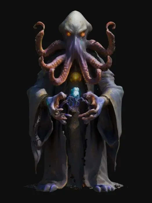 3D model for A menacing, eldritch sorcerer with an octopus-like head, glowing sinister eyes, and writhing tentacles. It wears tattered robes adorned with mystical symbols and a golden amulet. In its clawed hands, it conjures a glowing orb of dark energy. The background is a foggy, eerie cavern filled with grotesque, monstrous humanoids wielding crude weapons, and strange, bioluminescent mushrooms growing in the shadows. #game figure#
, #game figure#