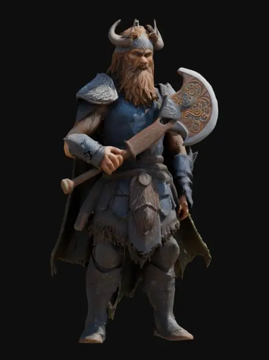 3D model for Perun wysoki, muskularny słowiański bóg o zaciekłych, burzowych oczach i długich, dzikich włosach przypominających burzę. Dzierży masywny, misternie wyrzeźbiony topór trzaskający błyskawicami, symbolizujący jego kontrolę nad piorunami i burzami. Perun odziany jest w ciężką zbroję ozdobioną starożytnymi słowiańskimi wzorami i motywami piorunów. Jego peleryna powiewa za nim.
, #game figure#