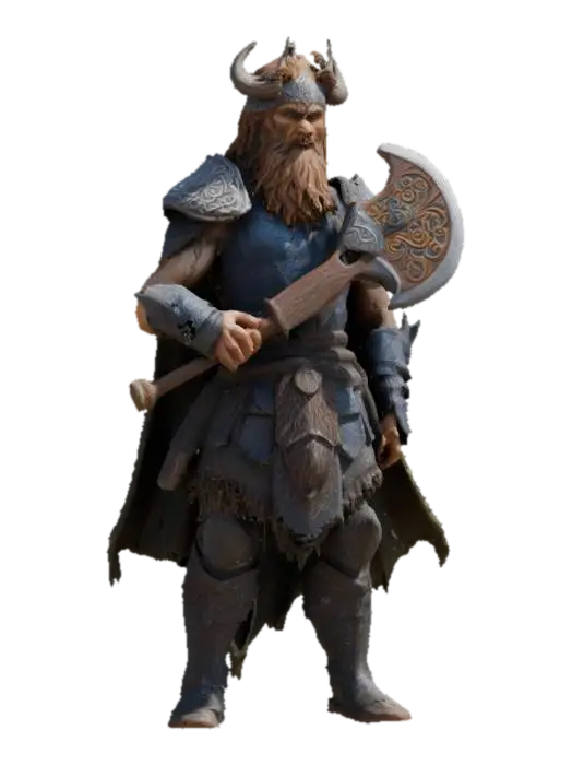 3D model for Perun wysoki, muskularny słowiański bóg o zaciekłych, burzowych oczach i długich, dzikich włosach przypominających burzę. Dzierży masywny, misternie wyrzeźbiony topór trzaskający błyskawicami, symbolizujący jego kontrolę nad piorunami i burzami. Perun odziany jest w ciężką zbroję ozdobioną starożytnymi słowiańskimi wzorami i motywami piorunów. Jego peleryna powiewa za nim.
, #game figure#