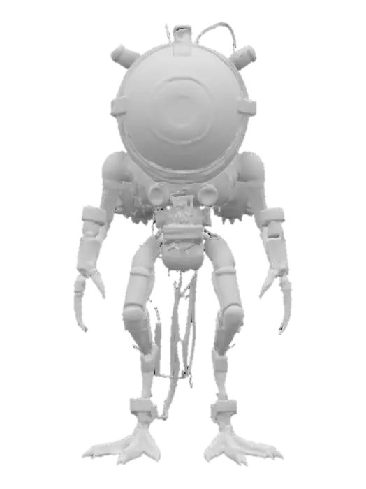 3D model for A highly detailed 3D model of a biomechanical creature with a fusion of organic and robotic elements. The central body is a large, realistic eyeball encased in a metallic, cybernetic frame with glowing wires and mechanical components. Instead of a head, a heavy industrial drill or weapon extends forward. The creature has muscular, bird-like legs with exposed tendons and cybernetic enhancements. A dark, dystopian sci-fi aesthetic., #game figure#