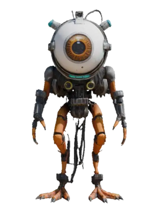 3D model for A highly detailed 3D model of a biomechanical creature with a fusion of organic and robotic elements. The central body is a large, realistic eyeball encased in a metallic, cybernetic frame with glowing wires and mechanical components. Instead of a head, a heavy industrial drill or weapon extends forward. The creature has muscular, bird-like legs with exposed tendons and cybernetic enhancements. A dark, dystopian sci-fi aesthetic., #game figure#
