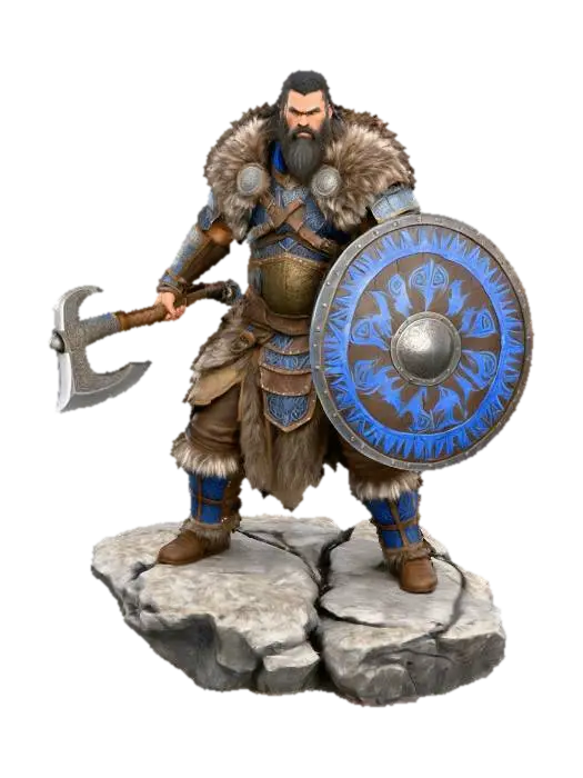 A fierce Slavic warrior chieftain wearing traditional fur-lined armor and engraved… - Runic 3D model, vytvořený pomocí AI