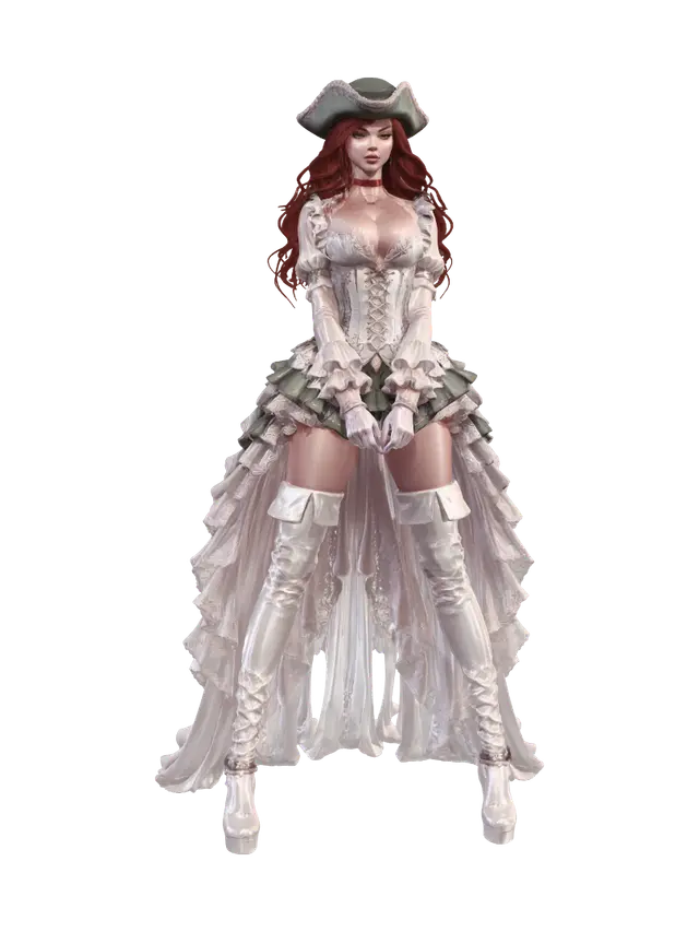 Crimson and White Corsair Lady 3D model, vytvořený pomocí AI