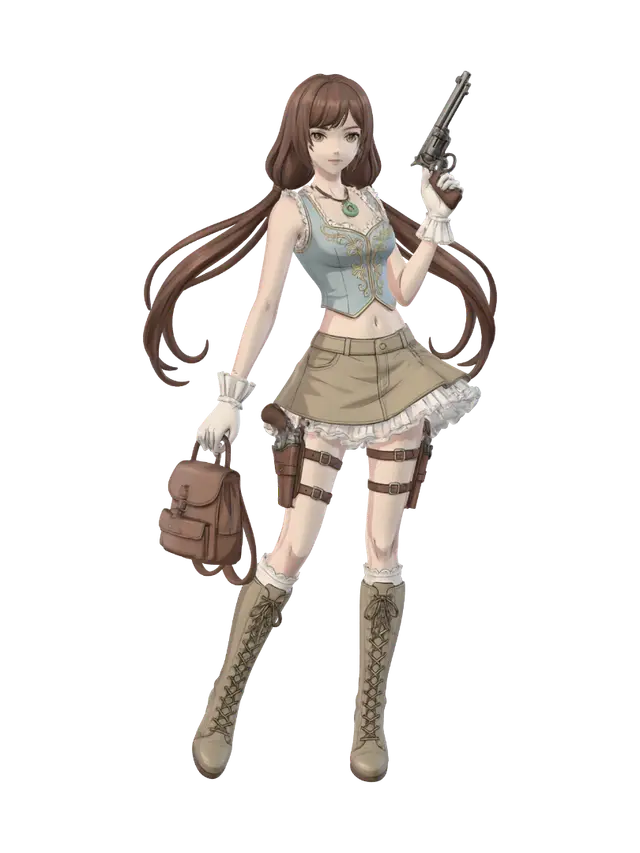 3D model for Generiere mir eine Lady im selben Stil, andere Pose, Immer noch Barock-Thema:
Haut eng und slender. langer brauner Pony teile mit 2 großen strähnen rechts und links. um den hals an einem kurzen Lederbänchen ein runder jadestein. hellblau-farbenes barock-Oberteil (bauch frei) - ärmellos aber weiße Tüll Handschuhe bis zum Handgelenk -mit Rüschen. khakifarbener mini mit weißem Tüll und spitze unterrocken. Lederriemen mit Holster an den Oberschenkeln rechts und links mit je einem Colt darin. khakifarbener fast knie hohe pumps-stiefel, mit weißer Schnürung und mit dem saum von weiße Spitzen-Kniestrümpfen. kleiner Lederrucksack in einer hand und einen Revolver in der andere Hand.