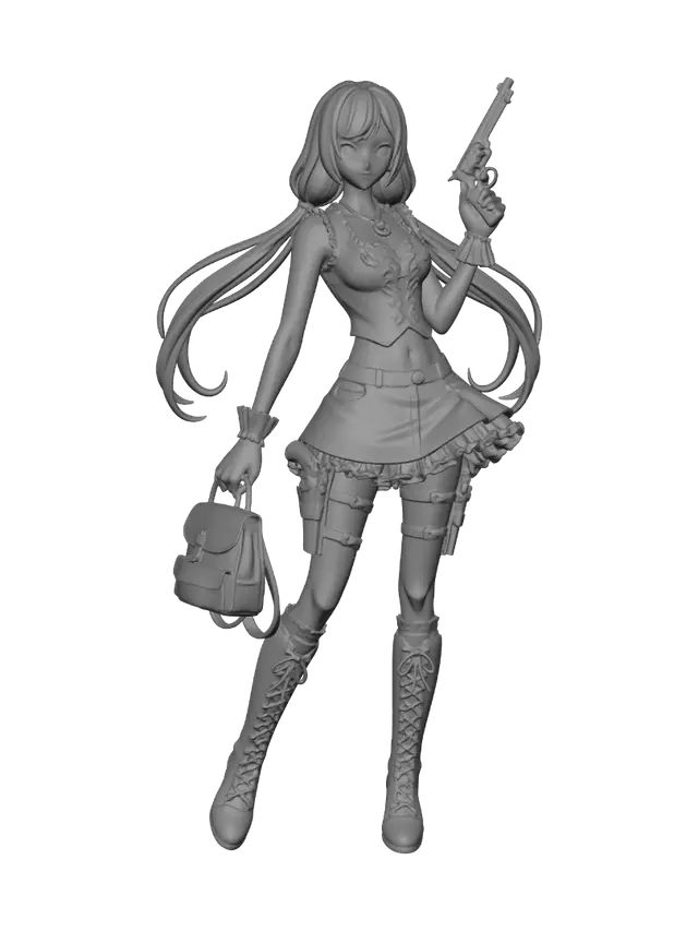 3D model for Generiere mir eine Lady im selben Stil, andere Pose, Immer noch Barock-Thema:
Haut eng und slender. langer brauner Pony teile mit 2 großen strähnen rechts und links. um den hals an einem kurzen Lederbänchen ein runder jadestein. hellblau-farbenes barock-Oberteil (bauch frei) - ärmellos aber weiße Tüll Handschuhe bis zum Handgelenk -mit Rüschen. khakifarbener mini mit weißem Tüll und spitze unterrocken. Lederriemen mit Holster an den Oberschenkeln rechts und links mit je einem Colt darin. khakifarbener fast knie hohe pumps-stiefel, mit weißer Schnürung und mit dem saum von weiße Spitzen-Kniestrümpfen. kleiner Lederrucksack in einer hand und einen Revolver in der andere Hand.