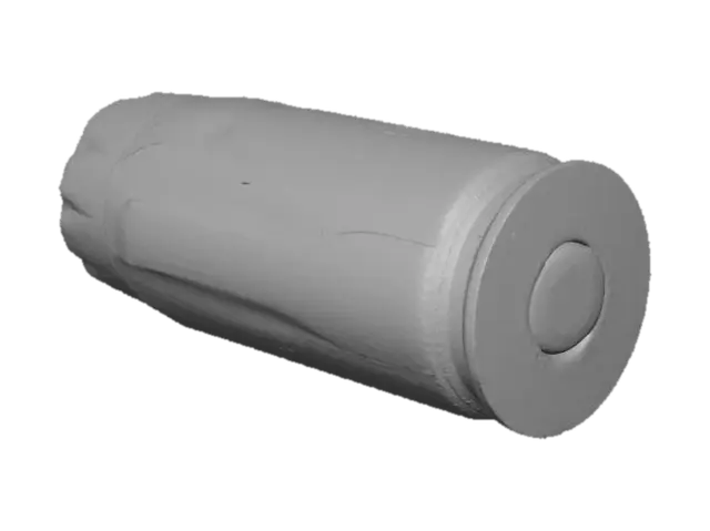3D model for Một vỏ đạn đã qua sử dụng, có hình trụ rỗng, màu vàng đồng với bề mặt hơi xỉn và có thể có các vết xước nhỏ hoặc biến dạng nhẹ do quá trình bắn. Phần đầu hơi loe ra, và đáy vỏ đạn có dấu vết của chốt kim hỏa, tạo ra một vết lõm tròn rõ ràng trên bề mặt kim loại.