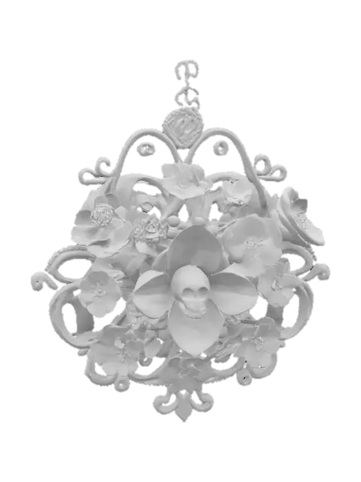 3D model for Pendant with arranged ornamental flowers, golden spirals and miniature skulls with sharp curves