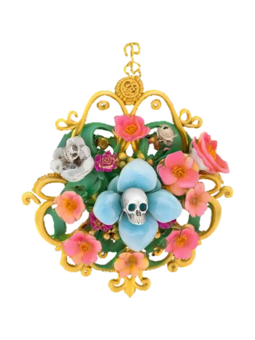 3D model for Pendant with arranged ornamental flowers, golden spirals and miniature skulls with sharp curves