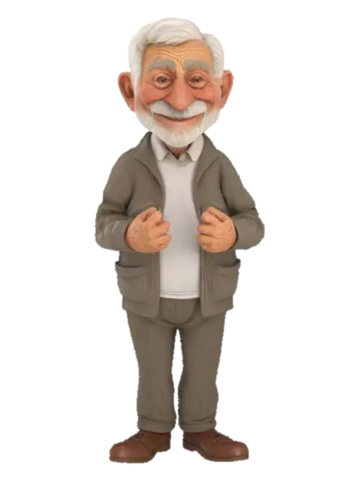 Elderly Man Telling stories with his Mannerisms, Highly Detailed facial features… 3D model, vytvořený pomocí AI