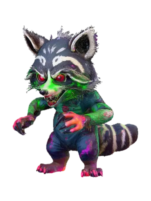Zombie Raccoon humanoid, glowing hand's, vivid neon colors, [End Boss Fight],… - Challenge 3D model, vytvořený pomocí AI