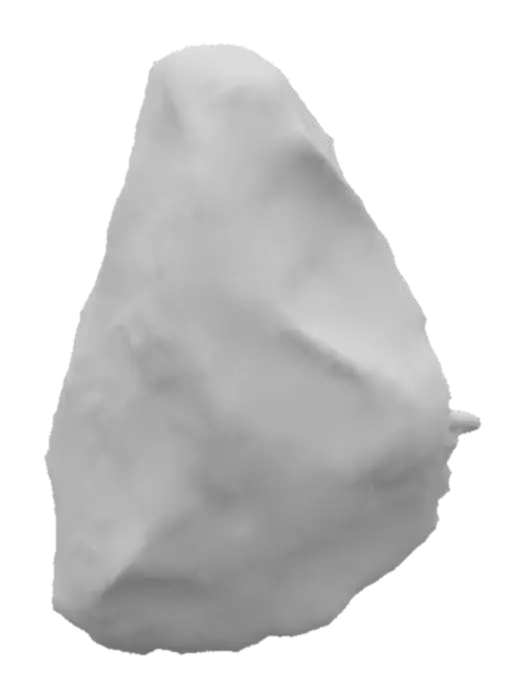 3D model for A rough, irregular stone, primarily composed of a granular mineral matrix. Its surface displays a varied texture, ranging from smooth, water-worn patches to jagged, sharp edges and crevices. The color is a muted gray, with hints of earthy browns and subtle greenish moss clinging to some depressions. Its overall shape is amorphous, a heavy, solid mass, cool and hard to the touch, with small embedded flecks of crystalline material.