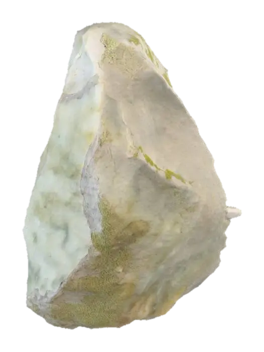 3D model for A rough, irregular stone, primarily composed of a granular mineral matrix. Its surface displays a varied texture, ranging from smooth, water-worn patches to jagged, sharp edges and crevices. The color is a muted gray, with hints of earthy browns and subtle greenish moss clinging to some depressions. Its overall shape is amorphous, a heavy, solid mass, cool and hard to the touch, with small embedded flecks of crystalline material.
