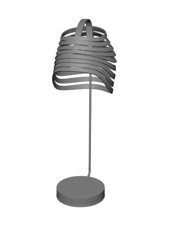 3D model for A modern 3D printable LED desk lamp with a geometric spiral shade, screw-together parts, designed for PLA, no supports required