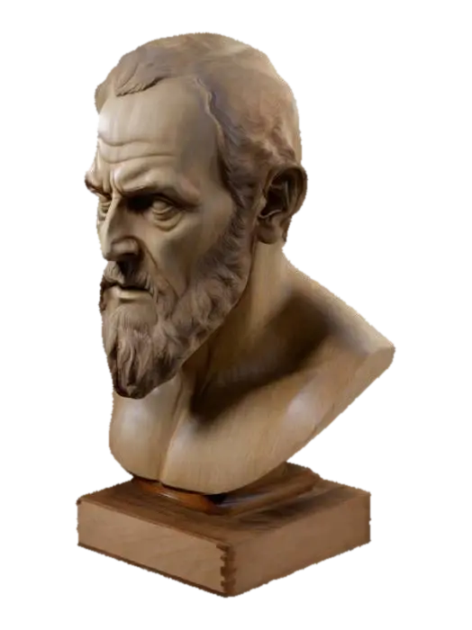 A SOLID WOOD bust of damien the anti-christ done in an old-fashioned style. Smooth… 3D model, vytvořený pomocí AI