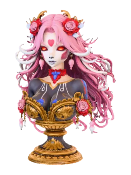 Extravagant Anime Female Bust on extravagant pedestal. 3D model, vytvořený pomocí AI