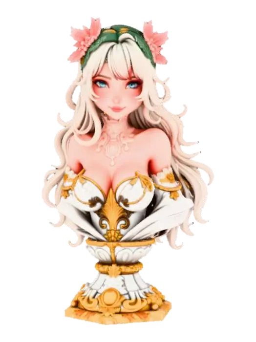Extravagant Anime Female Bust on extravagant pedestal. 3D model, vytvořený pomocí AI