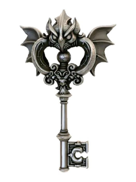 The Keeper of Keys Monster, designed like an extravagant key. 3D model, vytvořený pomocí AI