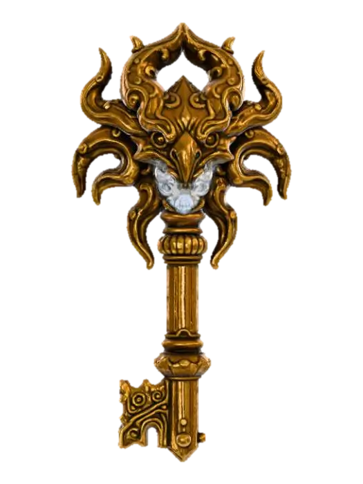 The Keeper of Keys Monster, designed like an extravagant key. 3D model, vytvořený pomocí AI