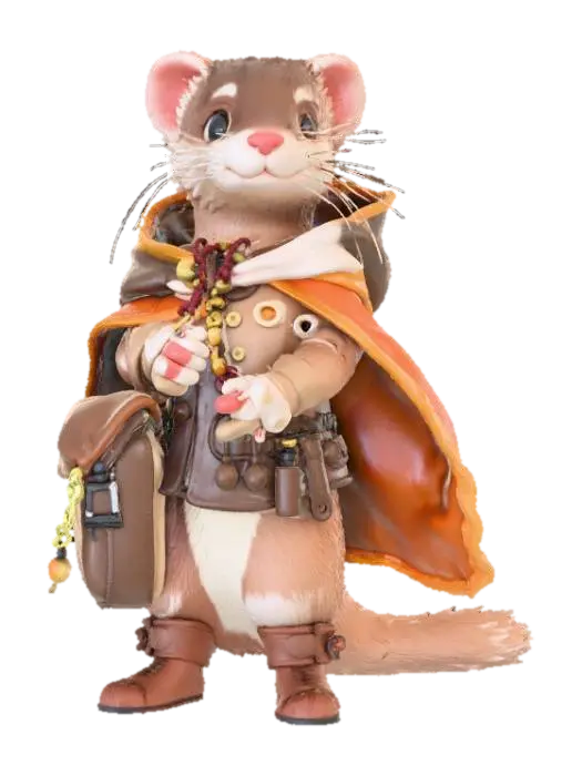 High detail, fantasy, ferret, wearing high detailed, adventure gear 3D model, vytvořený pomocí AI