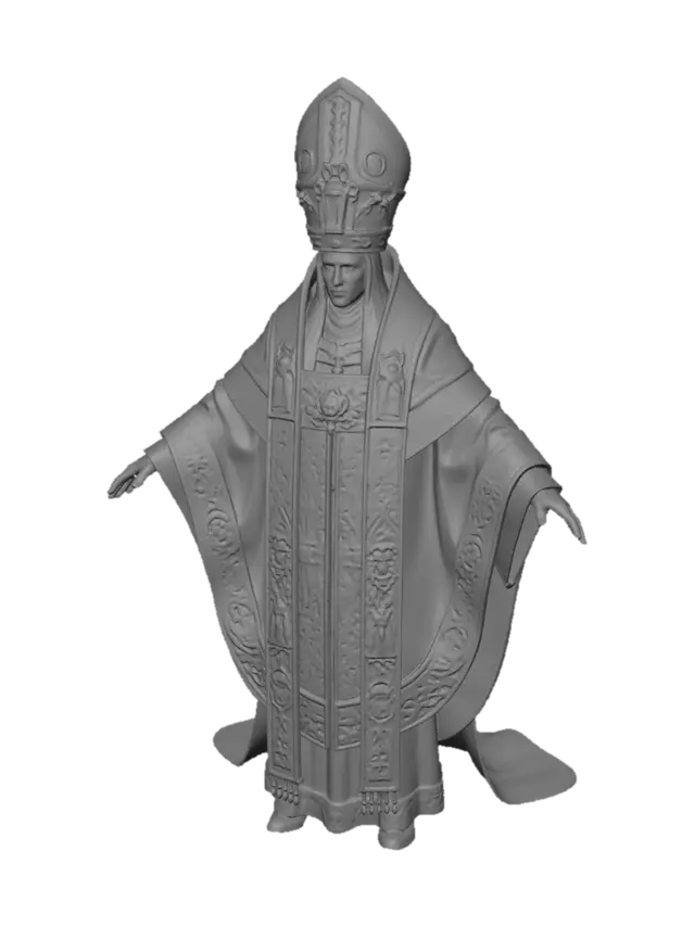 3D model for A_pose, 무기없음, 중세 최고위 종교 사제,과장된 투구,의복, 얼굴없음, 길고 가는 체형, 과장된 장식