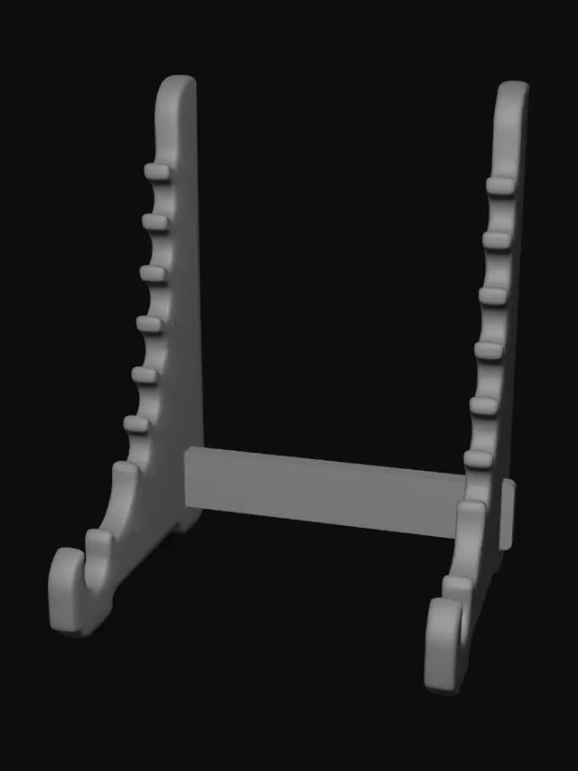 3D model for 3D printable display stand / holder, purple plastic, two tall vertical side rails connected by a horizontal rectangular support bar near the bottom. Each side rail is a flat thick panel with a gentle inward curve and repeated semicircular scalloped notches along the inside edge, like a tiered rack for holding items. The outer edge is smooth and slightly curved. The base has two curved hook-shaped feet on each side for stability. Rounded corners, bevelled edges, sturdy FDM-style printable design, symmetrical left and right sides, simple clean geometry, no background, STL-ready.
Add this for better results:
Make it three objects, flat-bottomed, with no thin fragile parts. Approximate 8–10 slots per side, evenly spaced. Keep the side panels thick enough for 3D printing.