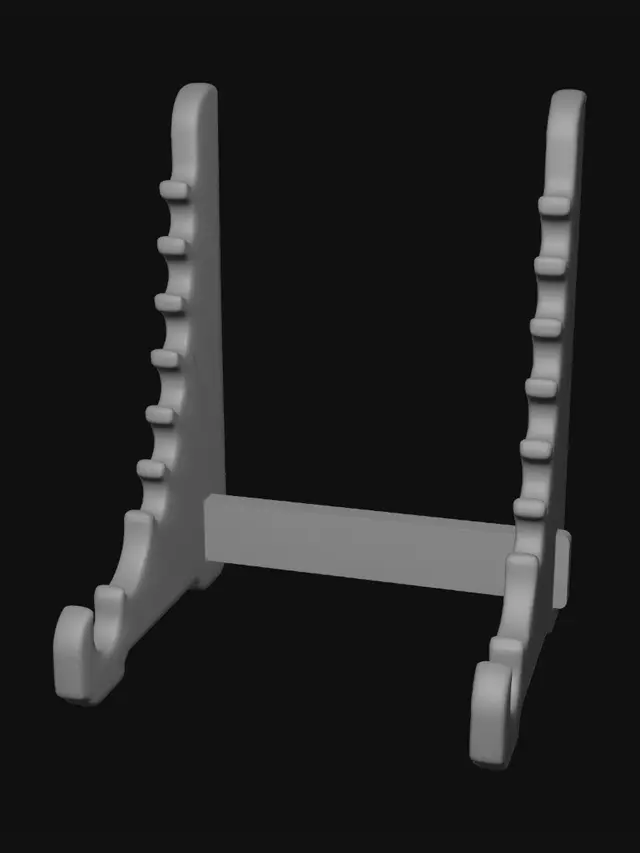 3D model for 3D printable display stand / holder, purple plastic, two tall vertical side rails connected by a horizontal rectangular support bar near the bottom. Each side rail is a flat thick panel with a gentle inward curve and repeated semicircular scalloped notches along the inside edge, like a tiered rack for holding items. The outer edge is smooth and slightly curved. The base has two curved hook-shaped feet on each side for stability. Rounded corners, bevelled edges, sturdy FDM-style printable design, symmetrical left and right sides, simple clean geometry, no background, STL-ready.
Add this for better results:
Make it three objects, flat-bottomed, with no thin fragile parts. Approximate 8–10 slots per side, evenly spaced. Keep the side panels thick enough for 3D printing.