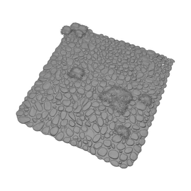 3D model for devi creare una pavimentazione che abbia un fitto mosaico di sassi tondeggianti e ciottoli di fiume incastonati nella terra battuta, con dislivelli pronunciati, crepe e ciuffi di vegetazione spontanea che ne rompono la monotonia