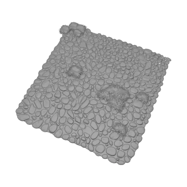 3D model for devi creare una pavimentazione che abbia un fitto mosaico di sassi tondeggianti e ciottoli di fiume incastonati nella terra battuta, con dislivelli pronunciati, crepe e ciuffi di vegetazione spontanea che ne rompono la monotonia