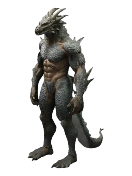 The object features a humanoid figure with a muscular build covered in… - Dragonborn 3D model, vytvořený pomocí AI